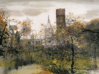 刘懋善秋日城市印象水墨风景画
