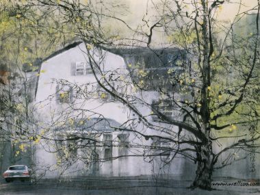 刘懋善 春日白墙民居水墨风景作品