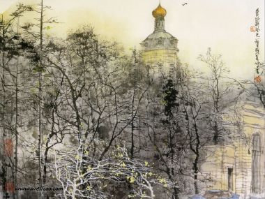 Liu Maoshan Color Ink Painting Russia Orthodox Church Scenery
