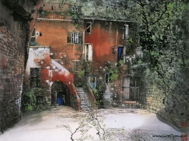 Liu Maoshan European Town Red Wall Residence Ink Painting