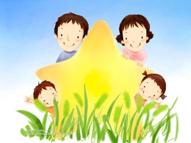 母亲节主题 幸福四口之家躲在黄色五角星后温馨插画