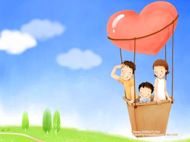 Happy Family Riding Heart Shaped Hot Air Balloon Mothers Day Illustration