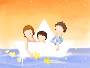 母亲节主题 一家三口乘发光纸船梦幻亲子插画