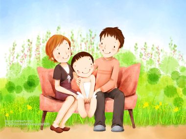 Happy Family Of Three Sit On Outdoor Sofa Mothers Day Watercolor Illustration