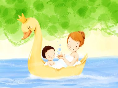 母亲节主题 母子同乘天鹅船温馨亲子插画