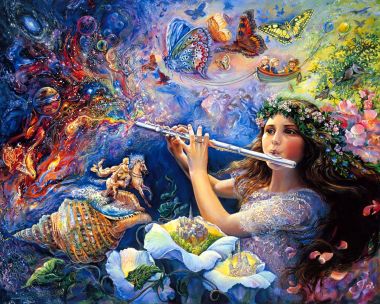 戴花环少女吹奏魔法长笛 奇幻幻想超现实油画