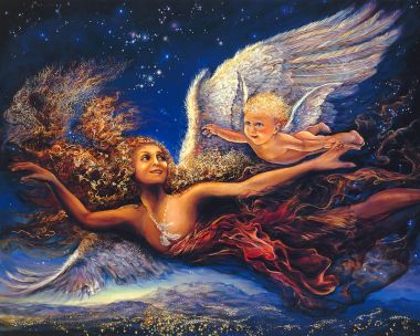 奇幻油画《首次飞行》 星空下遨游的天使母子