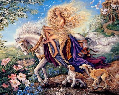 古典奇幻油画 戈黛娃夫人骑白马郊野行游