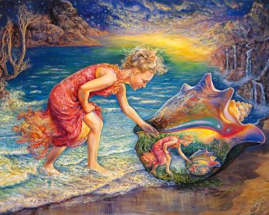 超现实奇幻油画《发现》 海边少女与嵌套幻象海螺