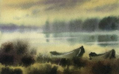 水彩画：雾中湖畔的小船