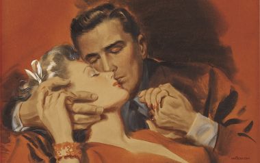 Vintage American Romantic Couple Kiss Illustration Detail