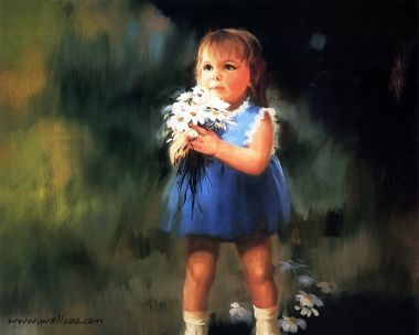 Donald Zolan经典油画 手捧雏菊的蓝裙小女孩