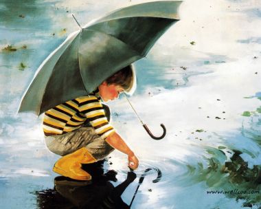唐纳德·佐兰 经典作品《触摸天空》撑伞小男孩雨后玩水油画