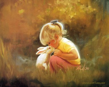 Donald Zolan Oil Painting Little Girl With White Rabbit Warm Moment