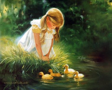 Donald Zolan Oil Painting Little Girl With Ducklings By Stream