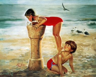 Donald Zolan 作品《海滩小憩》夏日孩童油画