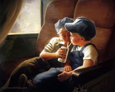 Donald Zolan Little Engineers Oil Painting Two Boys Share Drink