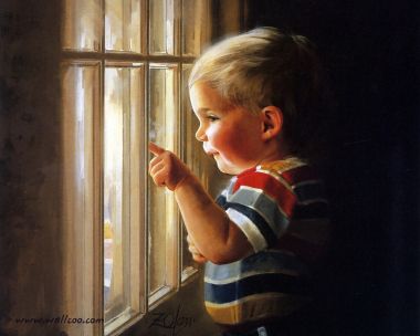 Donald Zolan Daddys Home Oil Painting Little Boy By Window