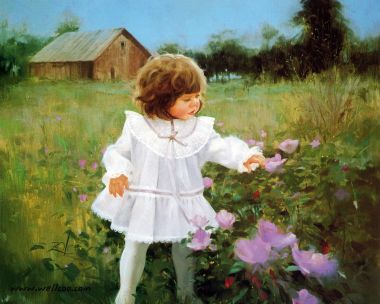 Donald Zolan 油画《丝带与玫瑰》 花丛边的小女孩