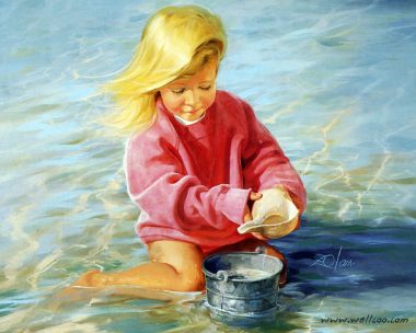 Donald Zolan Summer Childhood Painting Little Girl Holding Conch In Shallow Sea