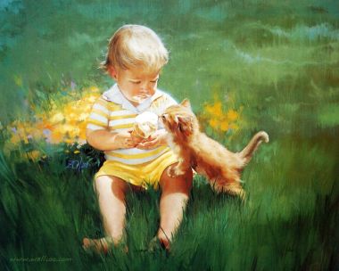 Donald Zolan 儿童油画 分享冰淇淋的小男孩与橘猫