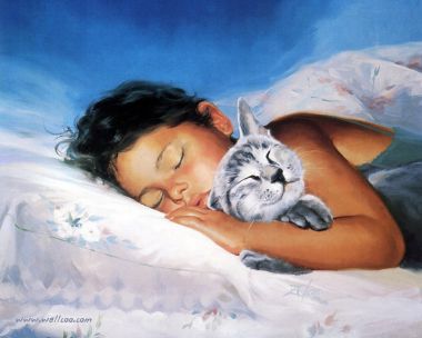 Donald Zolan Cat Nap Oil Painting Sleeping Child And Kitten