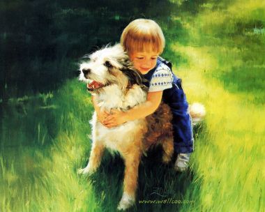 唐纳德·佐兰《后院伙伴》孩童拥抱长毛犬油画