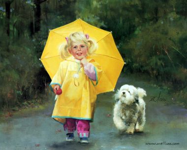 Little Girl With Yellow Umbrella Dog Rainy Day Zolan Painting