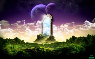 云端宇宙之门 双行星超现实奇幻风景艺术插画