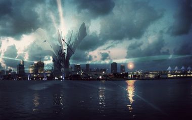超现实科幻异星巨型建筑降临滨海城市黄昏景观