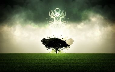 绿色旷野孤树超现实对称奇幻艺术壁纸