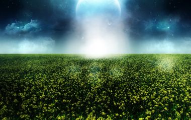 超现实科幻夜景 旷野黄花田上空的巨型行星星空