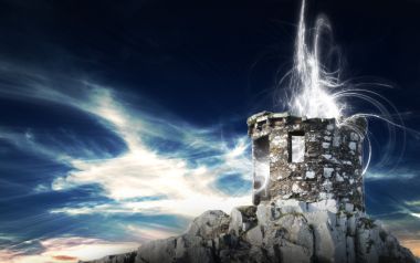 山顶废弃石塔迸发奇幻能量 超现实风光壁纸