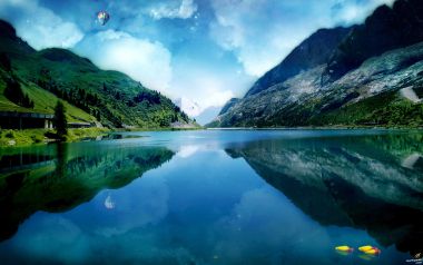 超现实梦幻高山湖泊风光 热气球湖景创意艺术壁纸