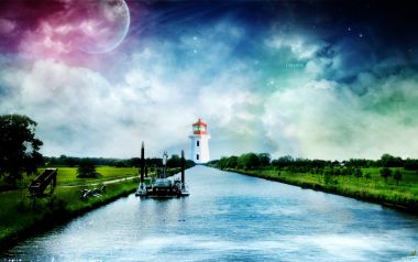 超现实奇幻湖滨运河灯塔星空景观