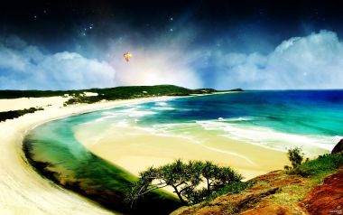 超现实合成艺术 星空海滩热气球梦幻风景