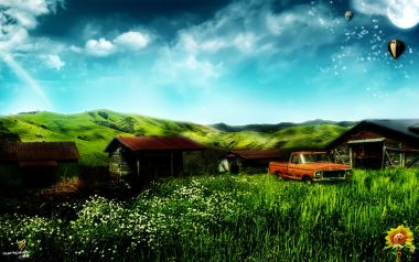 超现实奇幻乡村农场 草甸谷仓复古皮卡创意风景