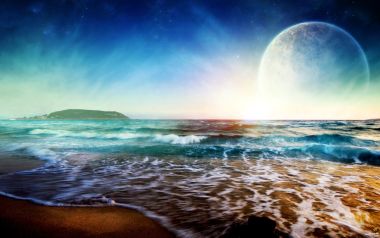 超现实异星海滩巨型行星日出科幻风景壁纸