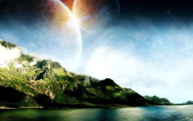 超现实异星海岸双行星科幻景观