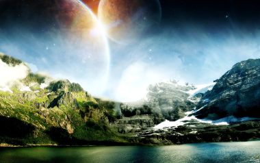 异星世界雪山湖泊上空双行星奇幻景观