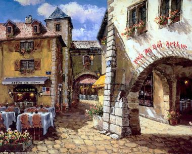Pub Au Roi Arthur French Village Street Scene Oil Painting