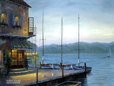 Robert Finale Santorini Harbor Cafe Landscape Oil Painting
