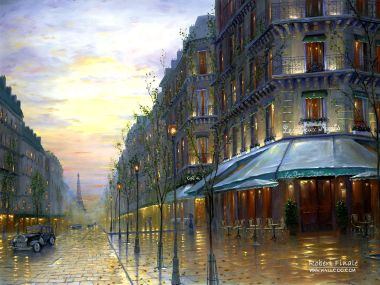 Robert Finale 巴黎黄昏雨后街景 双叟咖啡馆油画