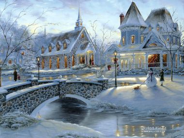 Robert Finale《圣诞归家》冬日小镇雪景油画