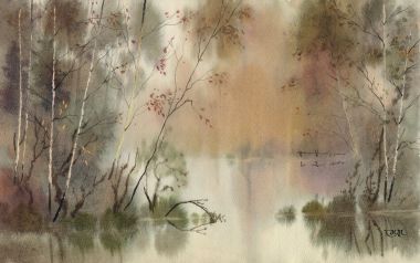 雨后静谧的白桦林水彩画