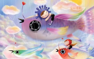 孩童骑飞鱼云端遨游 梦幻童趣插画