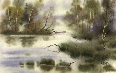 水彩画静谧森林湖泊