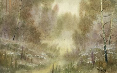 水彩画：森林晨雾与白桦树