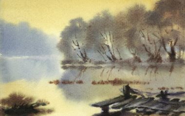 水彩画风格湖畔晨雾风景