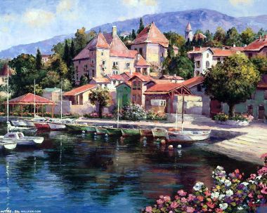 Sung Sam Park European Lakeside Town Landscape Oil Painting